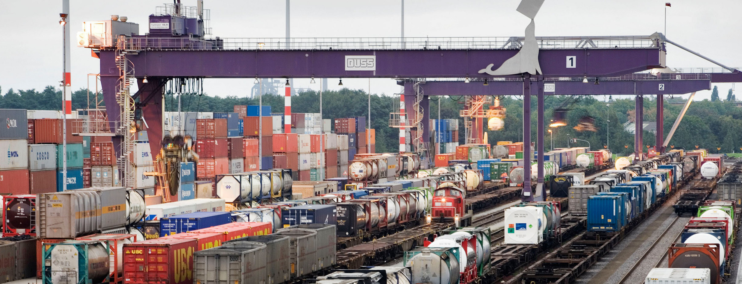 Container werden auf Zugwaagons verladen, die auf mehreren Gleisen stehen.